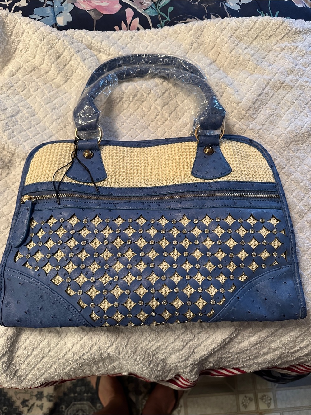 Shoe Dazzle Blue and Cream Woven Accent Satchel